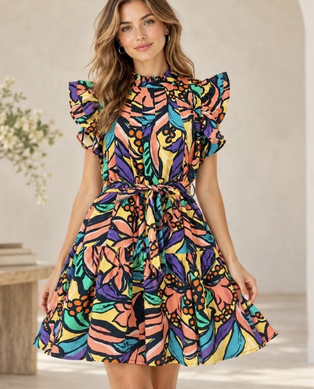 TCEC Mini Dress Size Medium Floral Tiered Ruffle Party Vacation Preppy College